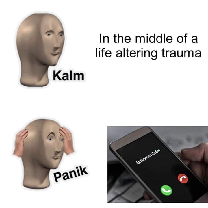 This meme is a humorous take on the experience of being startled or frightened by an unknown caller. The image depicts a person's emotional state shifting from calm to panic when receiving an unexpected call. The text "In the middle of a life altering trauma" is a humorous exaggeration, implying that even a simple phone call can be a traumatic experience.